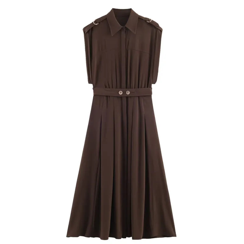 Women's Fashion Midi Dress Brown Sleeveless Shirt Dress For Women Shoulder Details Buttoned Waist Button Elegant For Wear PS9Y