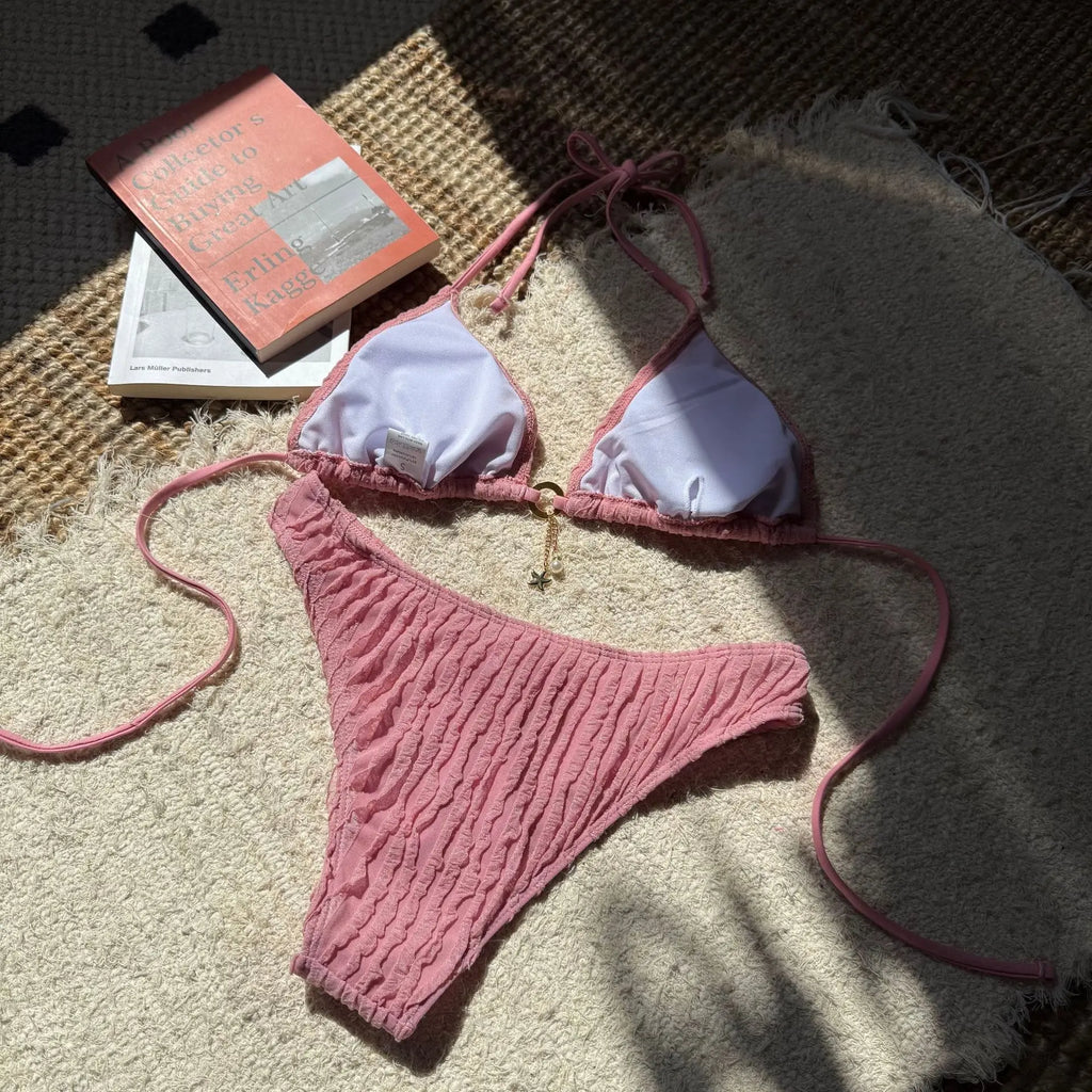 Wrinkled Halter Bikini Women Swimwear Female Swimsuit Two-pieces Bikini Set Brazilian Bather High Cut Bathing Suit Swim Lady