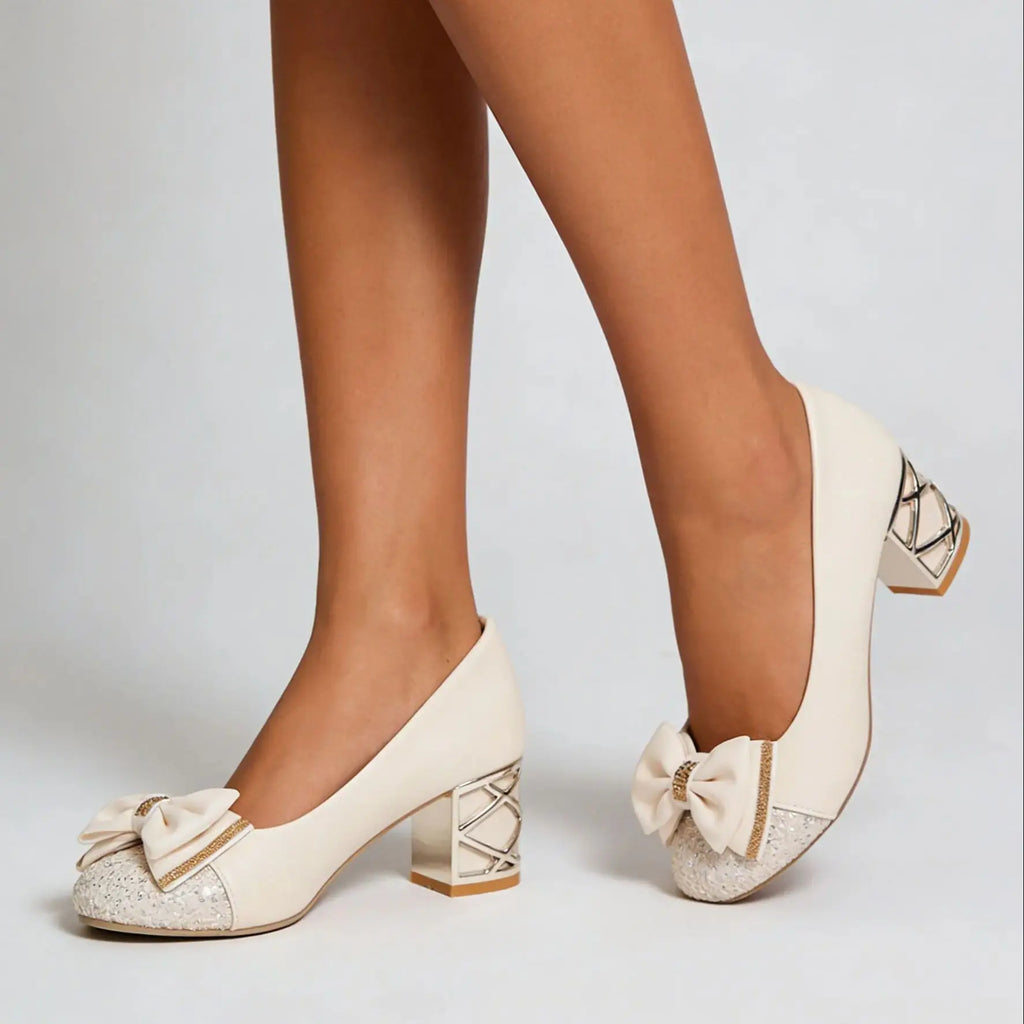 2026 Big Size 43 Sweet Pink Purple Bow Tie Office Lady Pumps Summer Elegant Beige 5cm Square Heels Party Wedding Shoes Women
