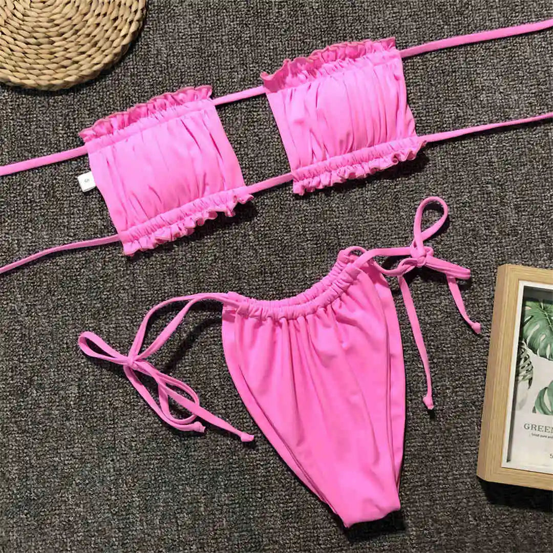 Sexy Pink Bandeau Frilled Bikini Swimsuit Female Swimwear Women Two-Pieces Bikini Set Bather Padded Bathing Suit Swim V1242B