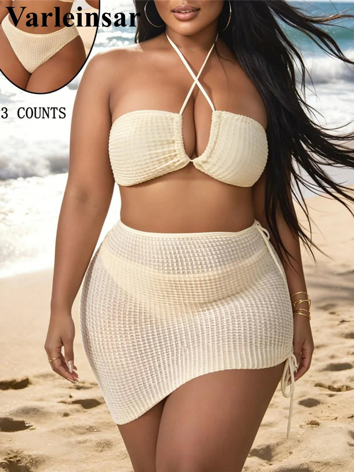 0XL - 4XL 3PCS Bikini Plus Size Large Size Swimwear Women Swimsuit Female Three-pieces Bikini set Bather Bathing Suit Swim V8191
