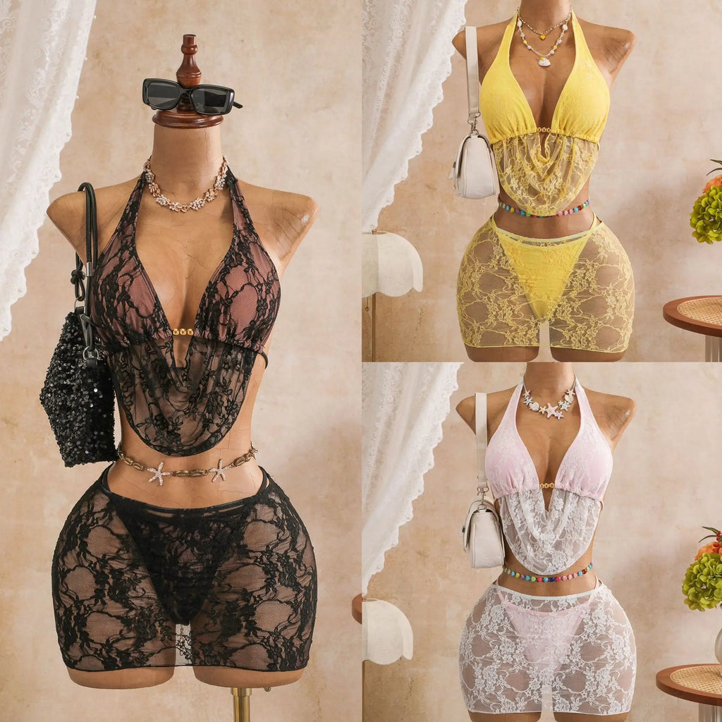 Sexy Black Mesh Shorts 3 Piece Bikinis Sets  2026 Women Pearls Push Up Tassel Bra Swimsuit Beach Holiday Bathing Suit Swimwear