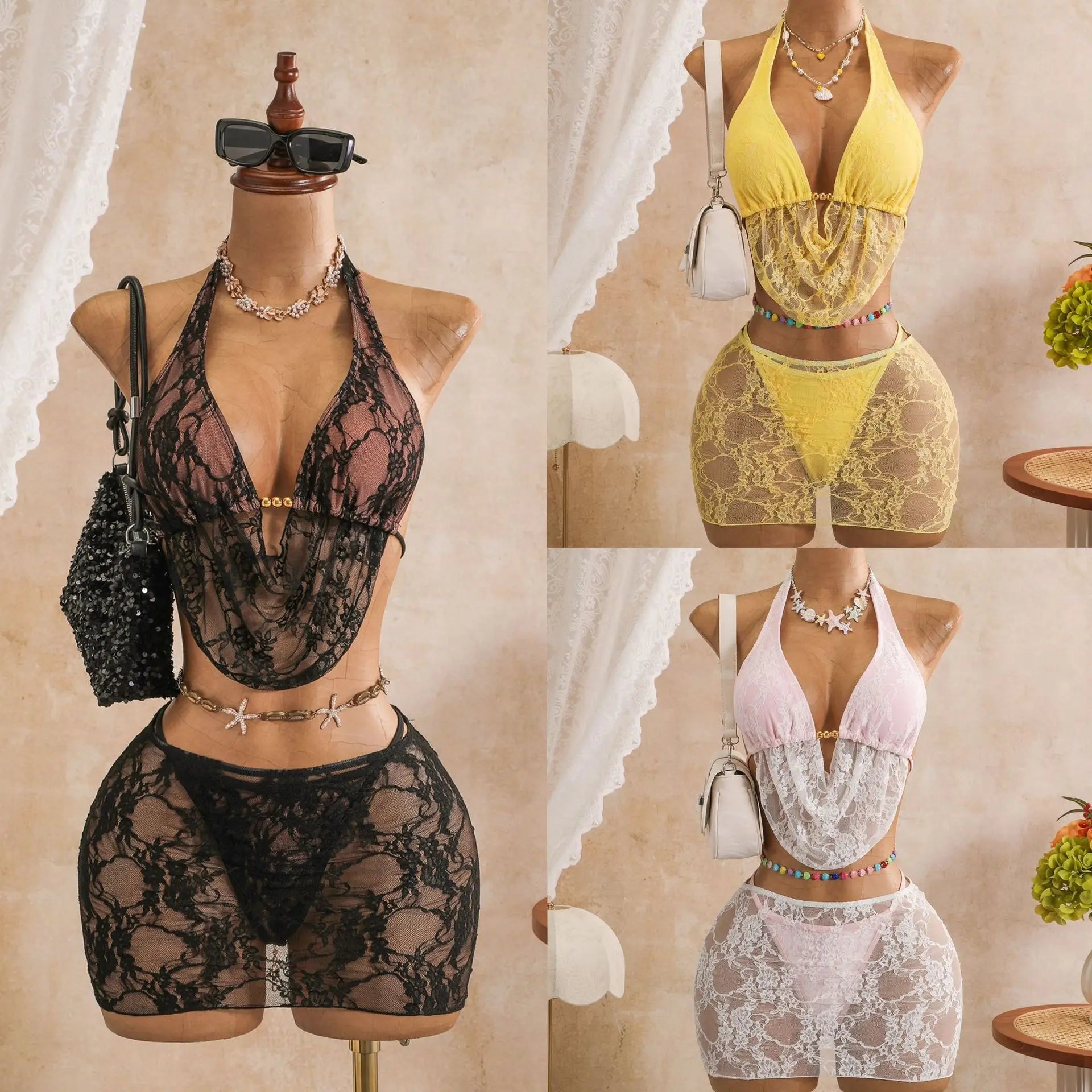 Sexy Black Mesh Shorts 3 Piece Bikinis Sets  2026 Women Pearls Push Up Tassel Bra Swimsuit Beach Holiday Bathing Suit Swimwear