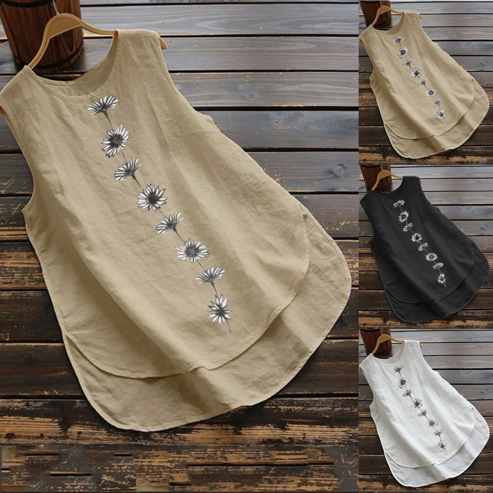 Women Vintage Cotton Linen Tanks Tops Round Neck Floral Print Shirt Summer Sleeveless Blouse Elegant Female Casual Loose Tops