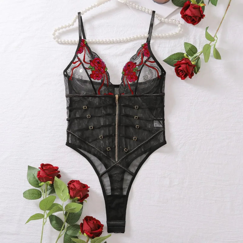 Toucheart Sexy Lace Mesh Transparent Underwear Women V-Neck Sexy Suspender Bodysuit With Zipper Exotic Sexy Printing Jumpsuit
