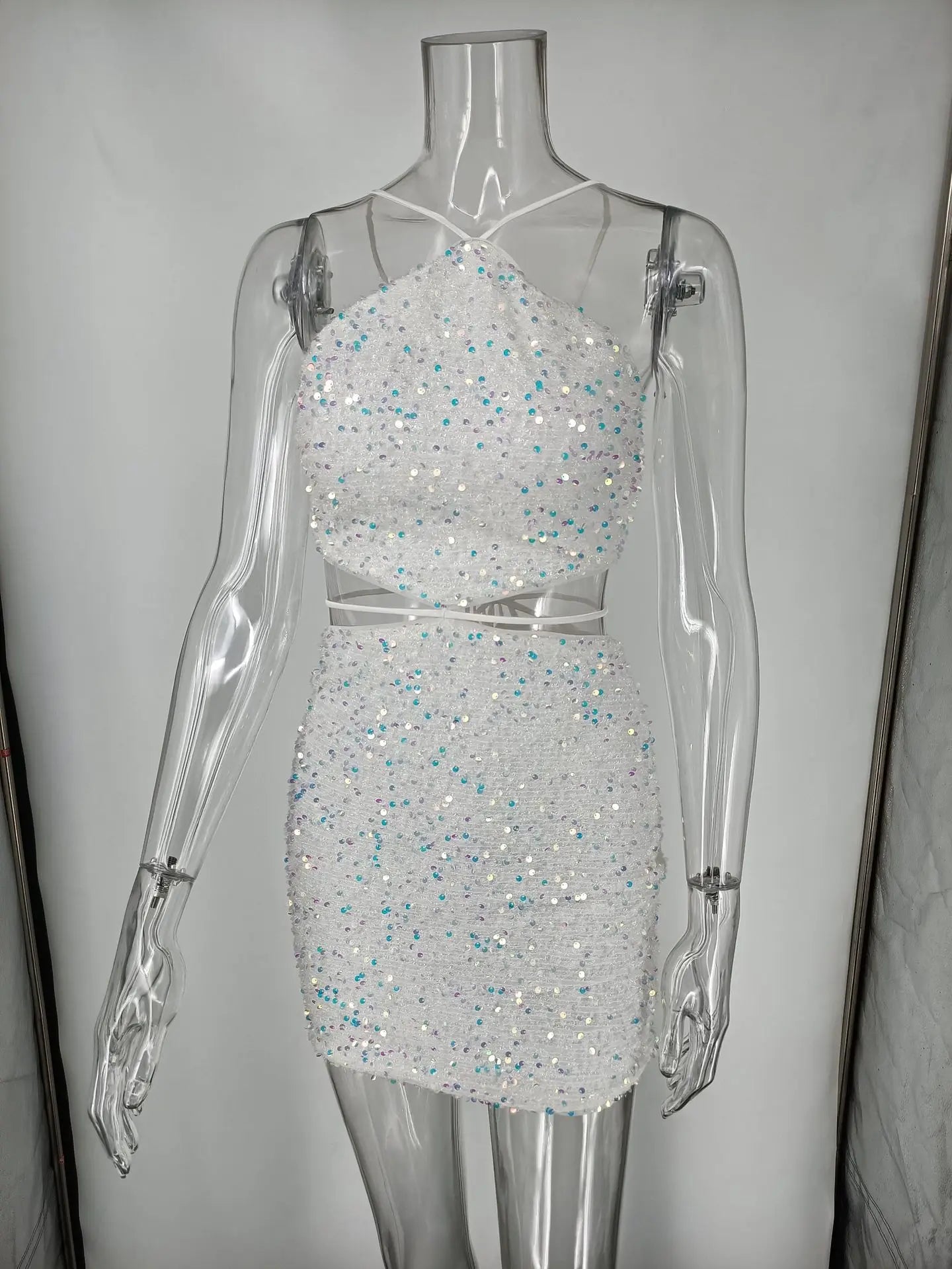 Phantasy Sexy Sequins Hollow out Halter Dress Women Fashion Backless Short Dress Chic Party Gown Lady Summer Night Club Dress up