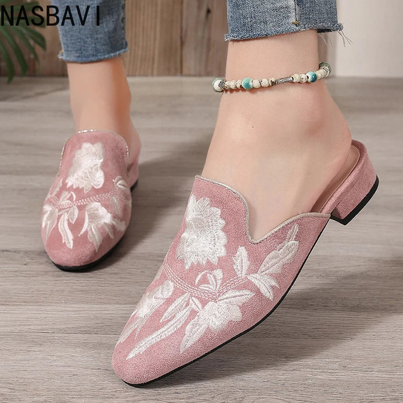 NASBAVI Fashion 3d Embroidery Mules Women Fur Slippers Velvet Shoes Ladies Low Heel Flower Decoration Sandals Women's Flip Flops