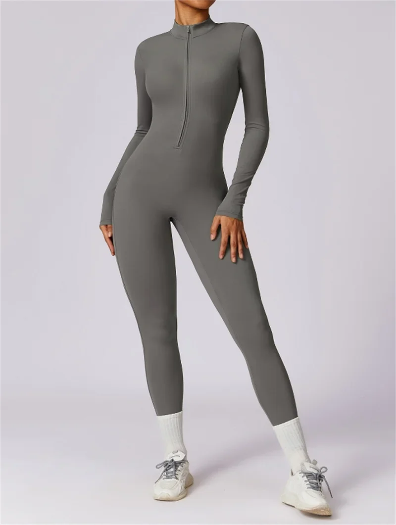 Half zip integrated long yoga jumpsuit solid color sexy long sleeved integrated sportswear for women