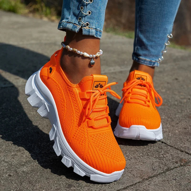 Orange Breathable Knitted Sneakers Women Comfort Slip On Mesh Sport Shoes Woman Plus Size 43 Thick Bottom Vulcanized Shoes Mujer