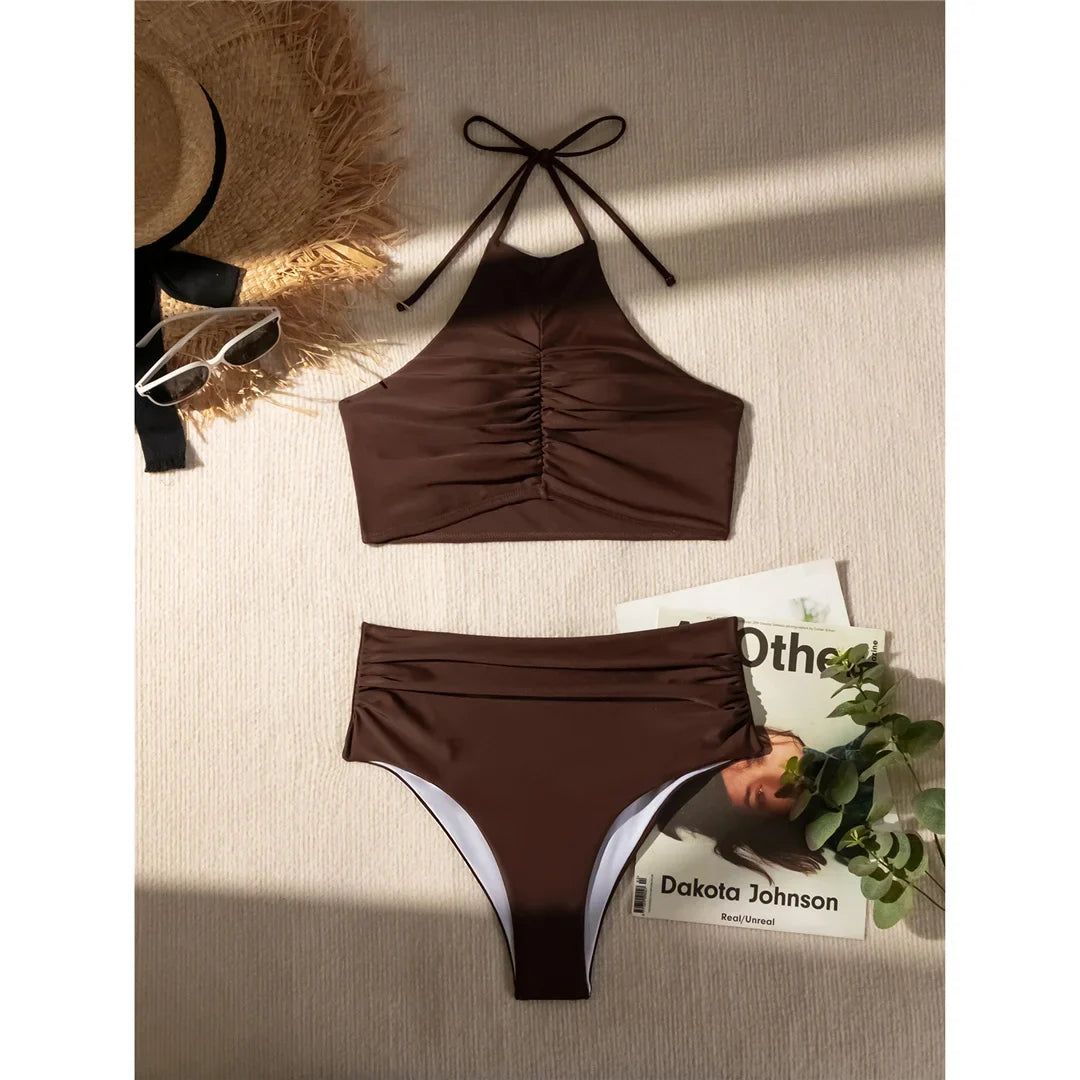 Halter Wrinkled High Neck Female Swimsuit High Waist Bikini Women Swimwear Two-pieces Bikini set Bather Bathing Suit Swim K5616