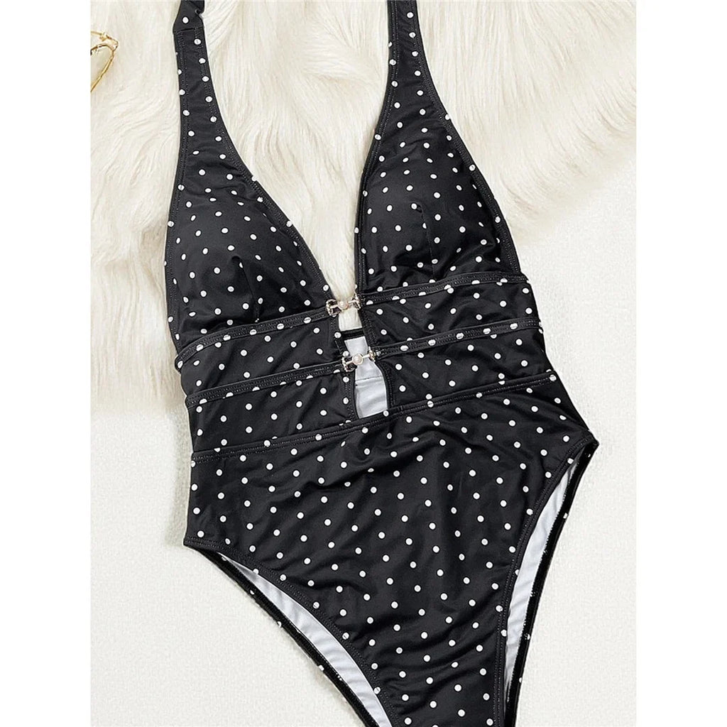 Polka Dots Halter Deep V Neck One Piece Swimsuit Women Swimwear Female Backless Monokini Padded Bather Bathing Suit Swim V7729
