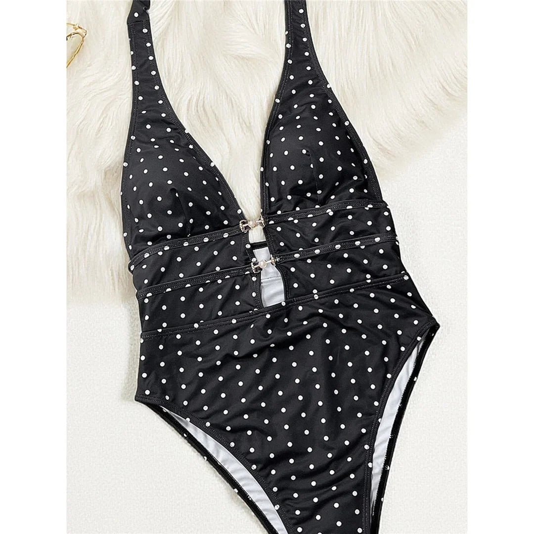 Polka Dots Halter Deep V Neck One Piece Swimsuit Women Swimwear Female Backless Monokini Padded Bather Bathing Suit Swim V7729