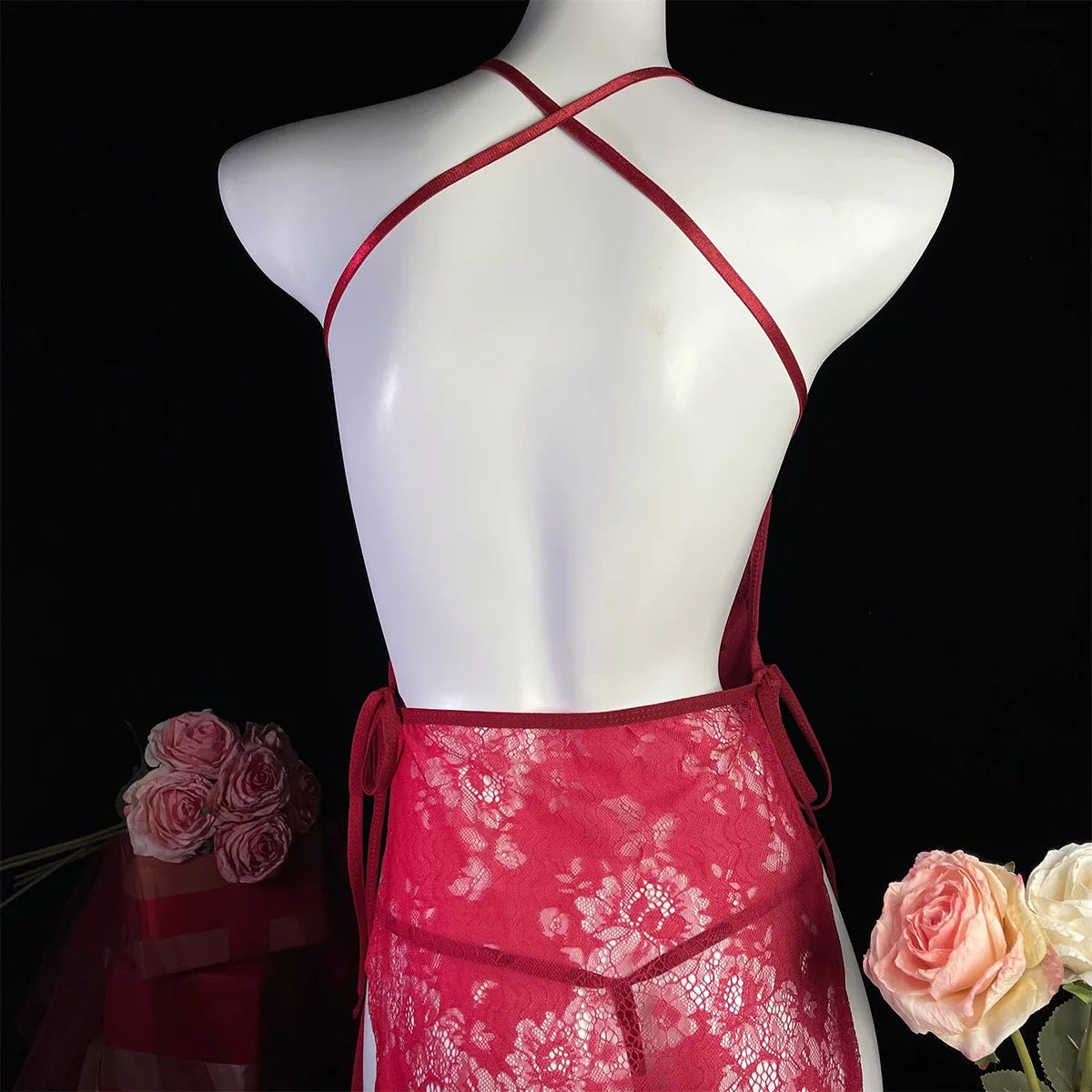 Women Lingerie Lace Underwear Transparent Erotic Costumes Red Split Sexy Dress For Sex Lady Sleepwear Plus Size Nightdress