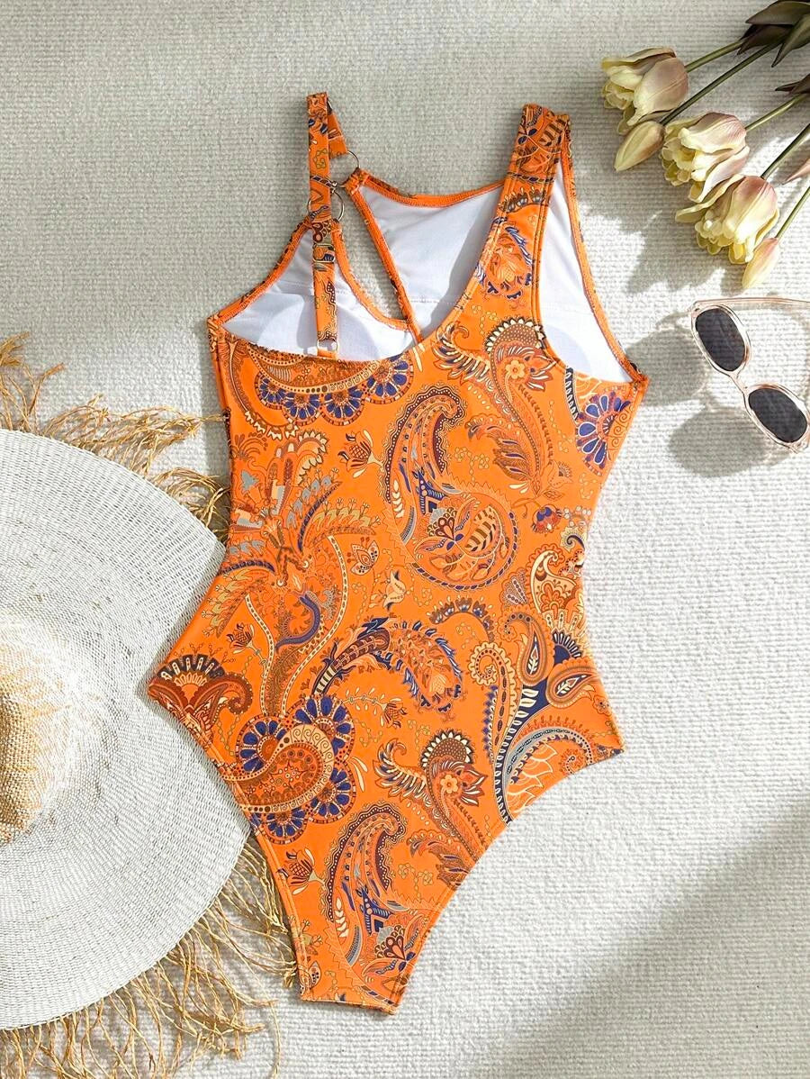 2026 Sexy Printed Swimsuit One Piece Hollow Swimwear Women Ring Linked Bathers Bathing Swimming Swim Suit Female Beachwear