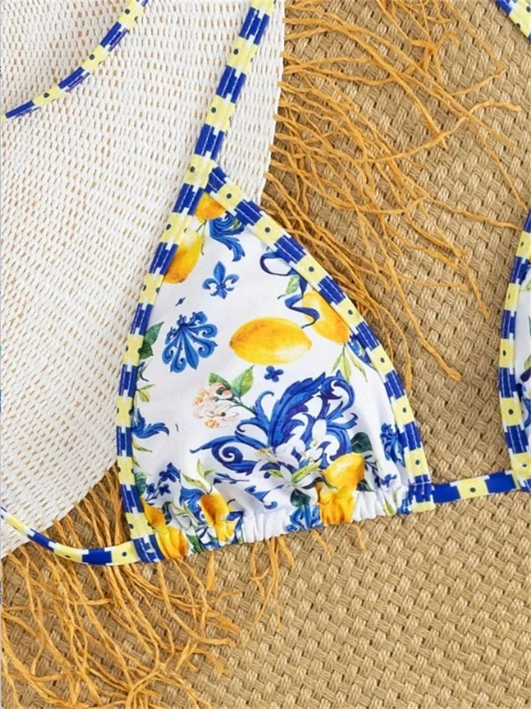 Sexy Blue Fruit Print Bikini Set 2026 Women Halter Push Up Bra High Waist Swimsuit Beach Bathing Suit Holiday Swimwear Biquini
