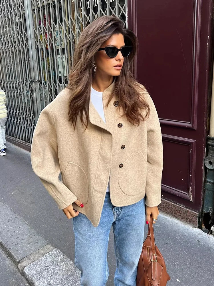 Foridol O Neck Single Breasted Apricot Women Winter Autumn New Coat Office Lady Short Thick Jacket Vintage Outerwear Loose