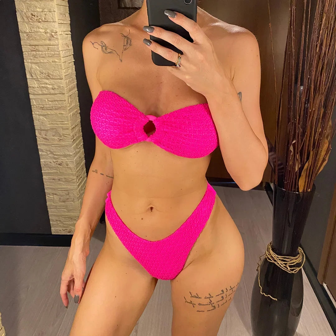 Wrinkled Bandeau High Cut Bikini Women Swimwear Female Swimsuit Two-Pieces Bikini Set Strapless Bather Bathing Suit Swim V3367