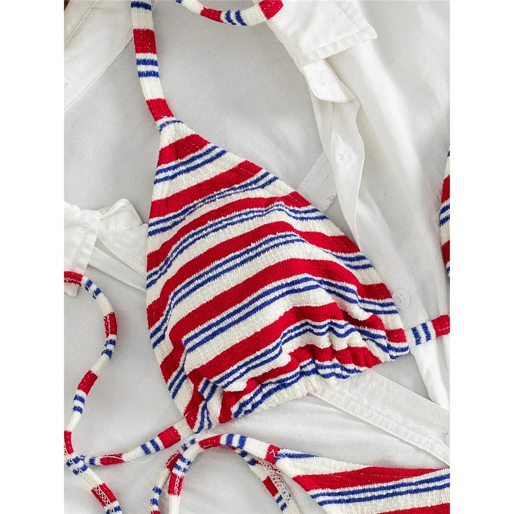 S - XL Striped Halter Bikini Women Swimwear Female Swimsuit High Cut Leg Bather Bathing Suit Swim Two-pieces Bikini set K8043
