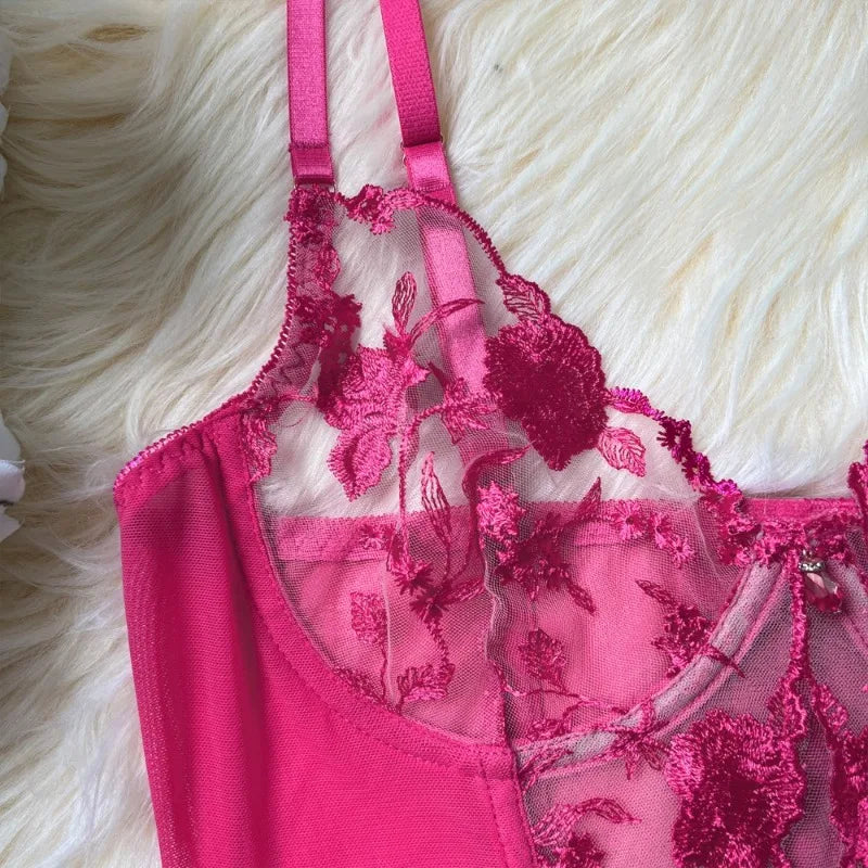 Toucheart Sexy Lingerie Embroidery Printing Bra Garters Set For Women Mesh See- Through Hollow Out Exotic Sexy Underwear Suit