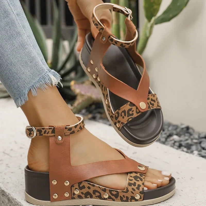 Summer Leopard Print Wedge Sandals Women Plus Size Ankle Strap High Heel Sandal Female New Slip On Pu Leather Sandalias Mujer