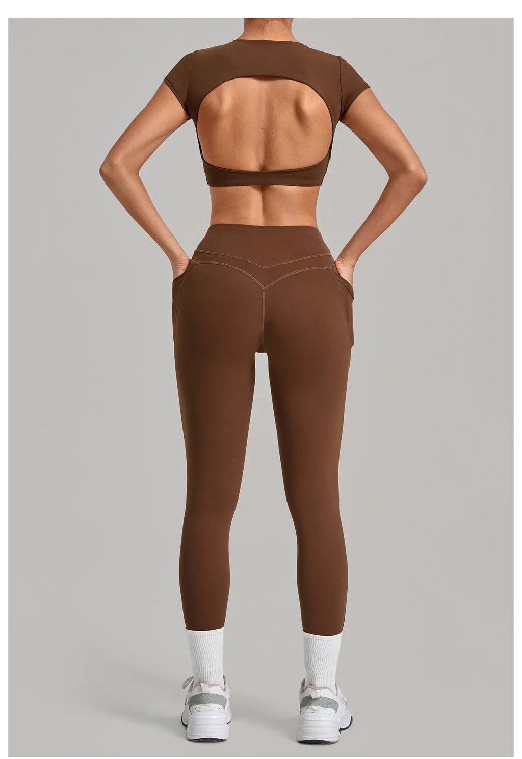 Yoga Set Women's Tracksuit Short Sleeve Back Hollow Out Sports Top Athletic Wear Tight High Waist Pocket Leggings Fitness Suits