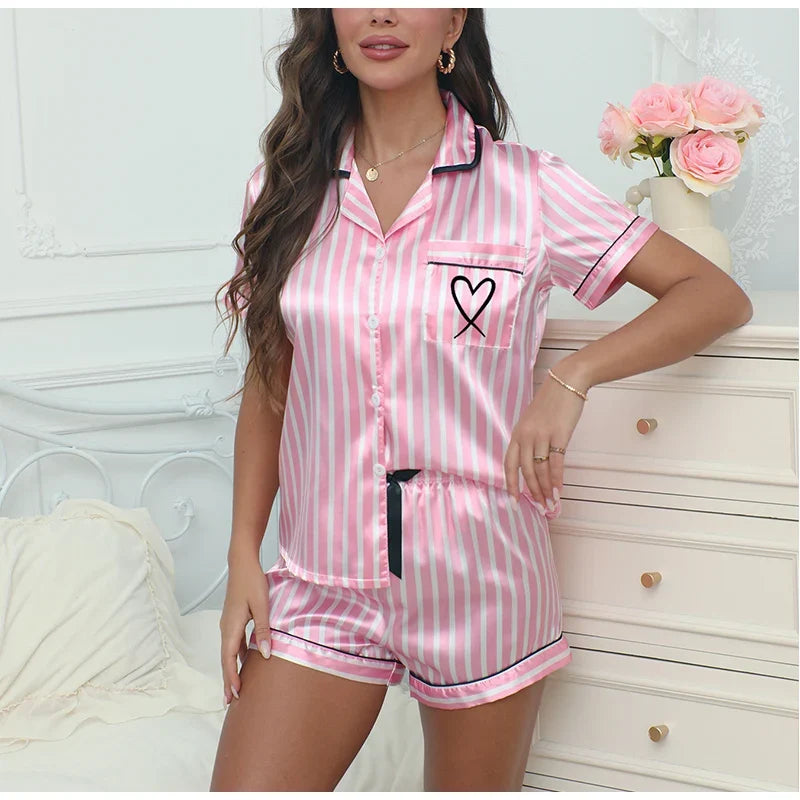 Ladies' Summer Striped Embroidered Love Victoria Style Pajama Set Short Sleeve Top Short Pants Casual  Two Piece Home Clothing