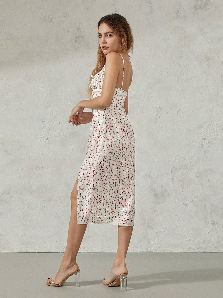 Women Summer Floral Print Party Club Midi Dress Sleeveless Spaghetti Strap Bustier Backless Thigh Slit Slim Dress