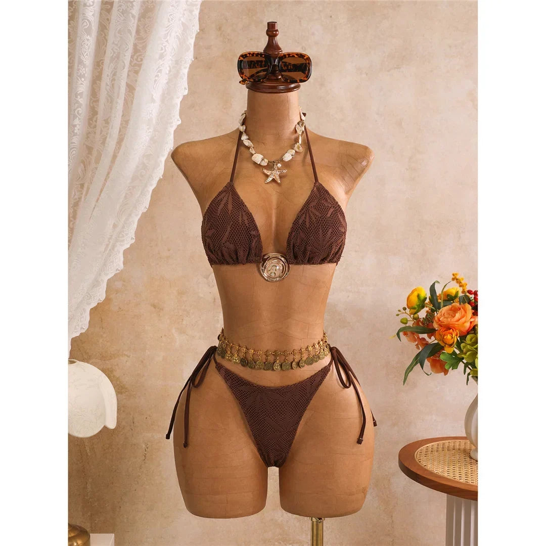 New Leaves Printed Halter Bikini Suit Female Swimsuit Women Swimwear Bather Bathing Suit Swim Three-Pieces Bikini Set