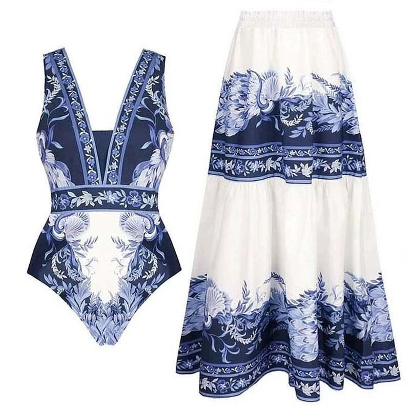 New Swimsuit High-End Design 2Pcs Floral Print Ruffle Slimming Holiday Sexy Hot Spring One Piece Swimsuit for Women