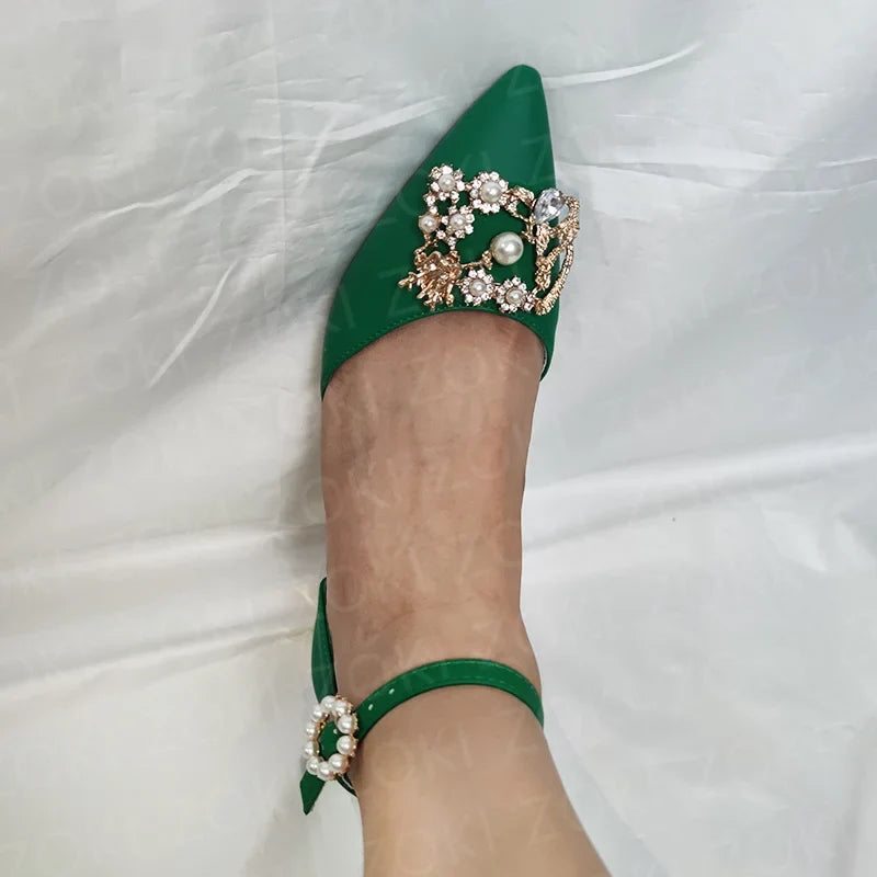 ZOKI Fashion Pearl Buckle Square Heels Pumps Women Pointed Toe Bling Crystal Party Shoes Woman Elegant Med Heels Bride Shoes