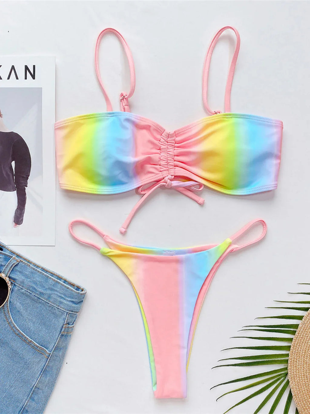 Rainbow Printed Micro Thong Lace Up Bikini Female Swimsuit Two-Pieces Bikini Set Bather Bathing Suit Swim Women Swimwear V3075