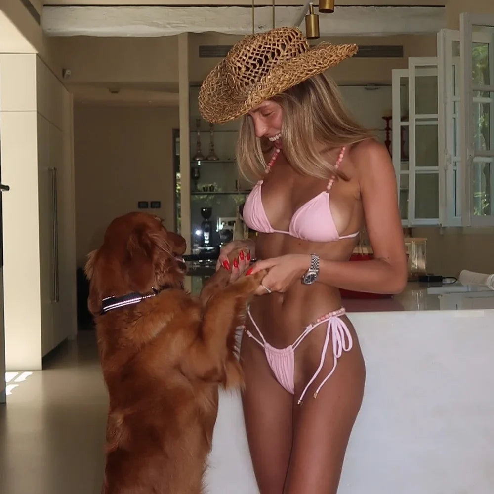 Bikini 2025 Sexy Women Swimsuit Push Up Swimwear Female Beads Biquini Halter Bathing Suit Summer Bodysuit Beachwear