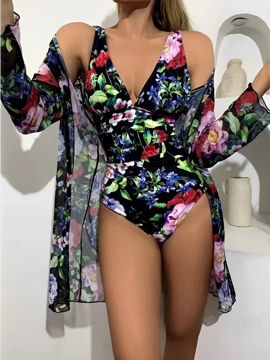 2026 Printed Swimsuit Women One Piece With Cover Up Floral Swimwear Female Beach Wear Push Up Bathing Swimming Swim Suit Summer