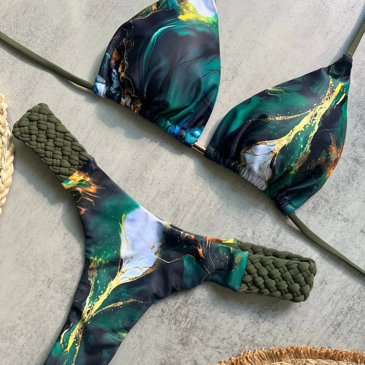 Print Halter Braided Rope Mini Thong Bikini Female Swimsuit Women Swimwear Two-pieces Bikini Set High Cut Bathing Suit Swim Lady