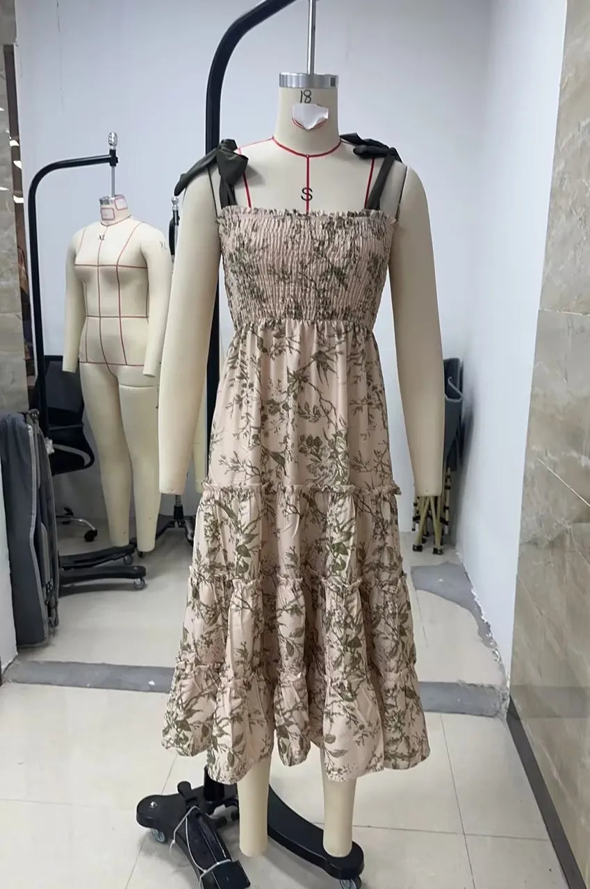 Women's Summer Floral Print Dresses Stylish Ruffled Trim Smocked Sleeveless Tie-Shoulder A-Line Dress