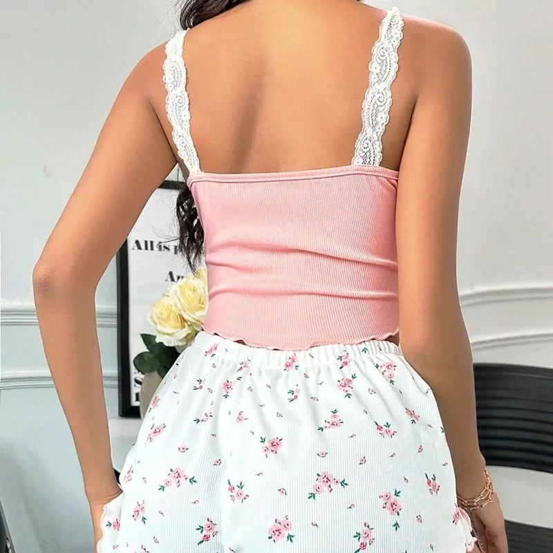 Women's Sexy Lace Camisole Vest Shorts Sleepwear Women's Slim Fit Two-piece Home Outfit Pink Blue Pajamas Set
