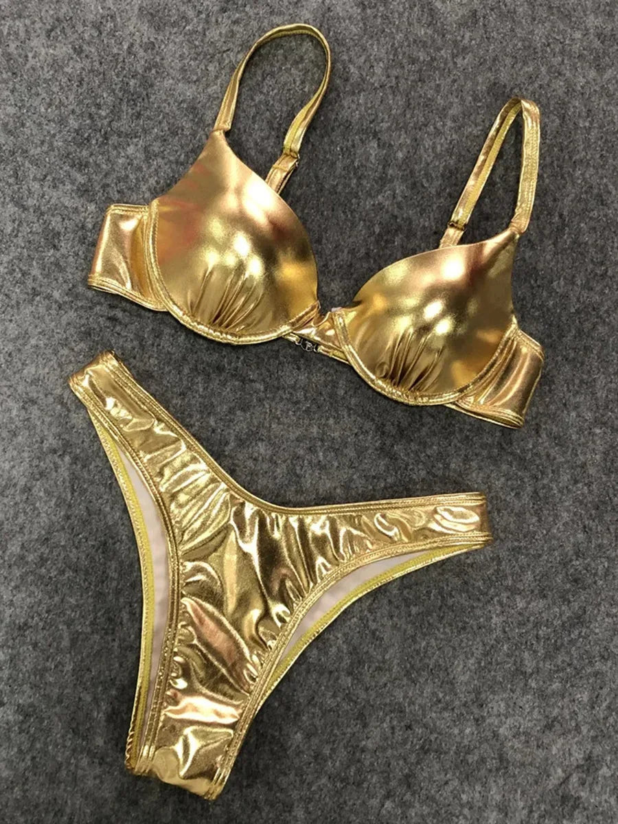 Shiny PU Faux Leather Bikini 2026 Push Up Swimsuit Women Swimwear Female Two-pieces Bikini set Bra Cup Bather Bathing Suit Swim