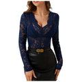 Women V Neck Floral Lace Long Sleeve T Shirt See Through Slim Fit Tees Y2k Gothic Club Party Streetwear Ladies Sheer Basic Tops