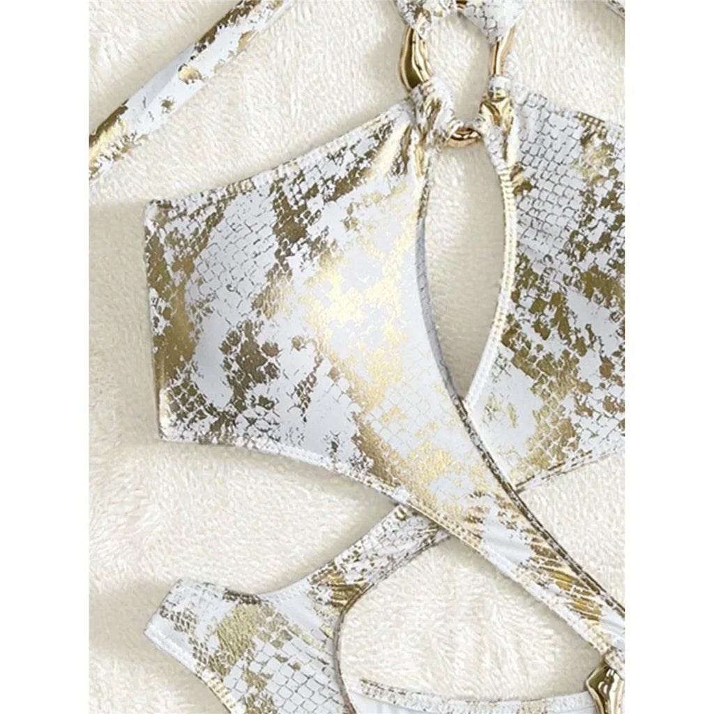 Sexy Tummy Cut Out Leopard Snakeskin Women Swimwear One Piece Swimsuit Female Halter High Cut Leg Bather Bathing Suit Swim V7972