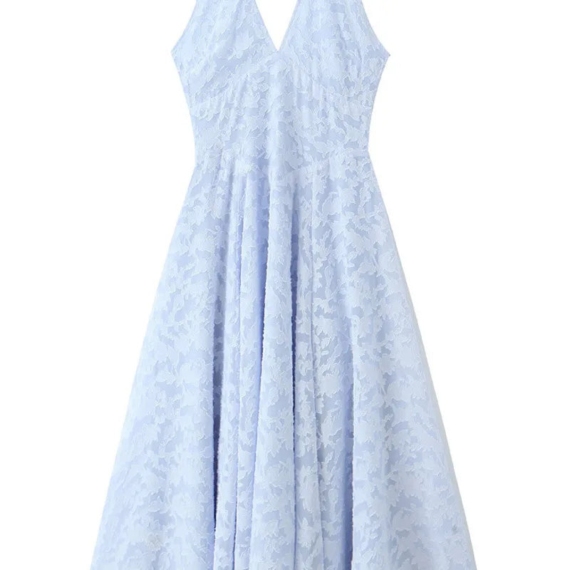 French Style Blue Jacquard Dress With French Vibe V-neck Backless Holiday Halter-neck Dress Niche Long Dress Pure Desire U633