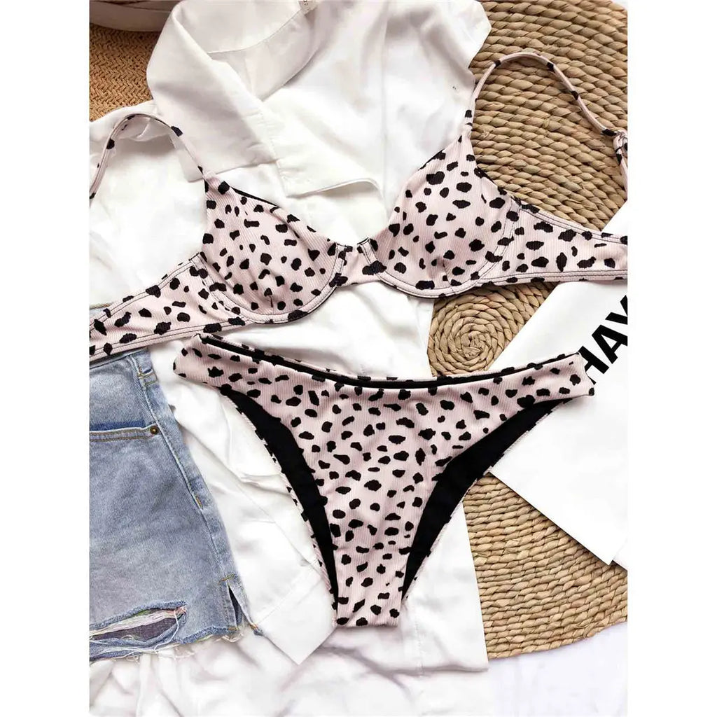 Sexy Leopard Bikini Swimsuit Female Swimwear Women Two-pieces Bikini set Underwired Bra Cup Bather Bathing Suit Swim Lady V2740