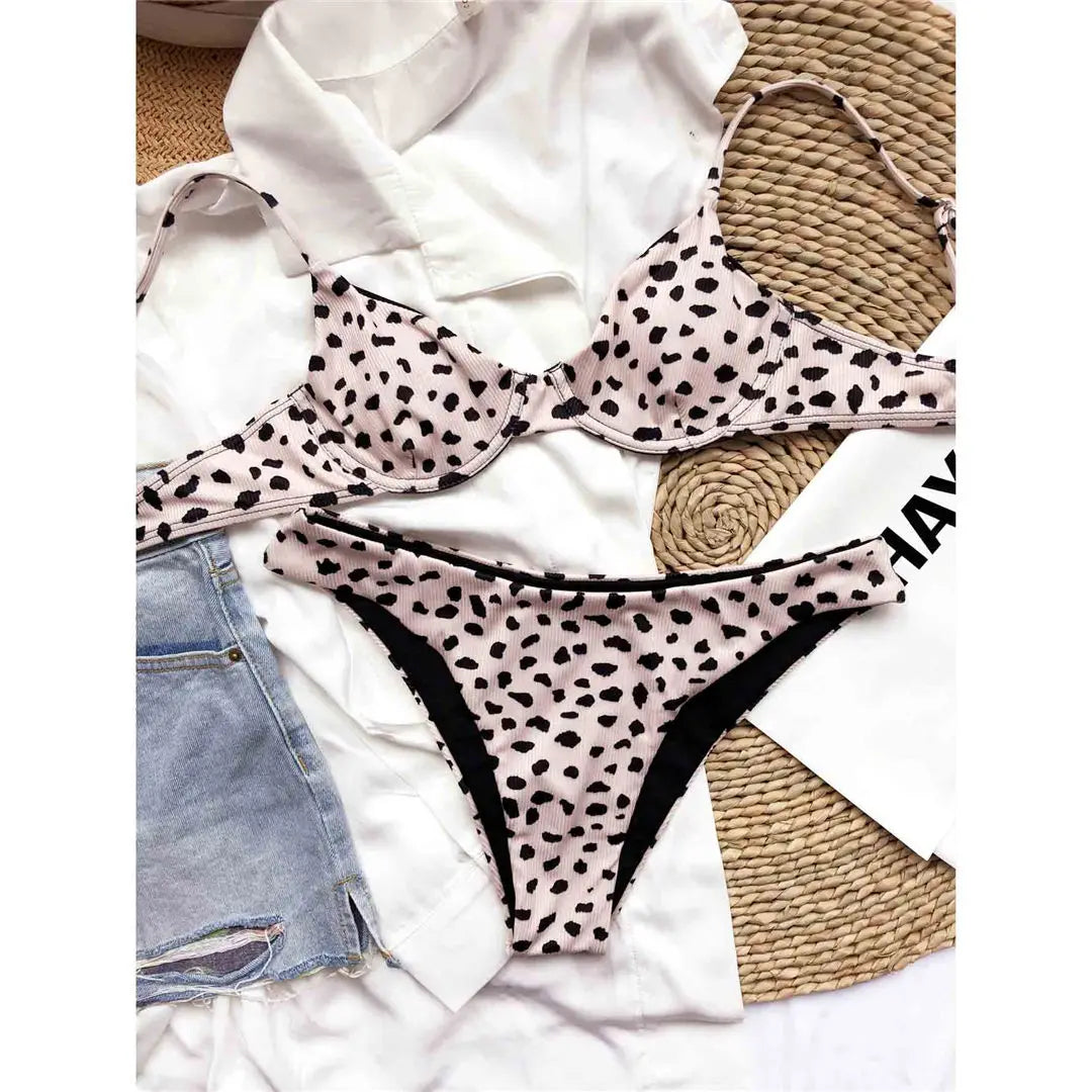 Sexy Leopard Bikini Swimsuit Female Swimwear Women Two-pieces Bikini set Underwired Bra Cup Bather Bathing Suit Swim Lady V2740