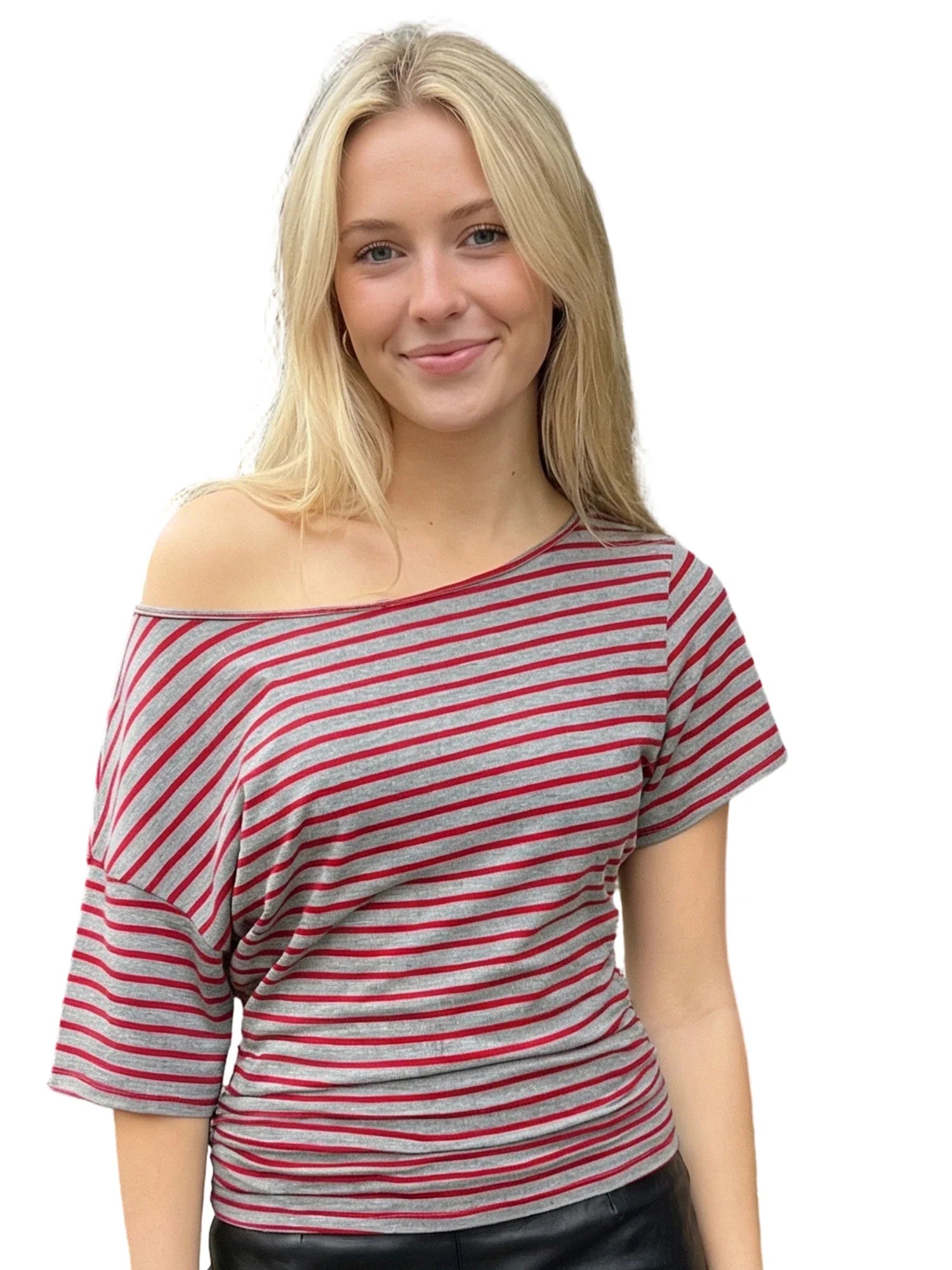 Women Elegant Summer Off One Shoulder Tops Striped Short Sleeve Loose Fit Basic T Shirts for Daily Wear
