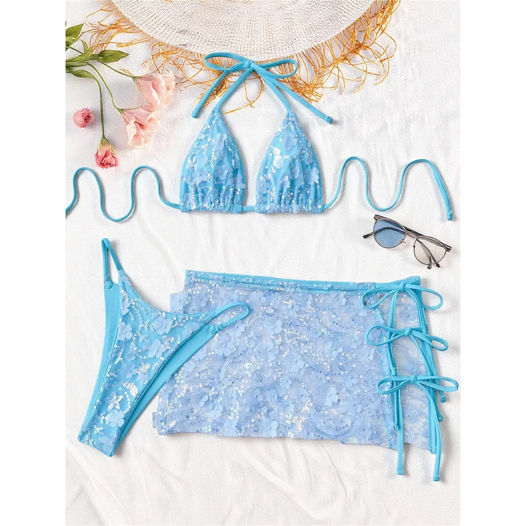 S - XL Three-pieces Bikini set With Skirt Flowers Sequins Bikini Female Swimsuit Women Swimwear Bather Bathing Suit Swim V7864