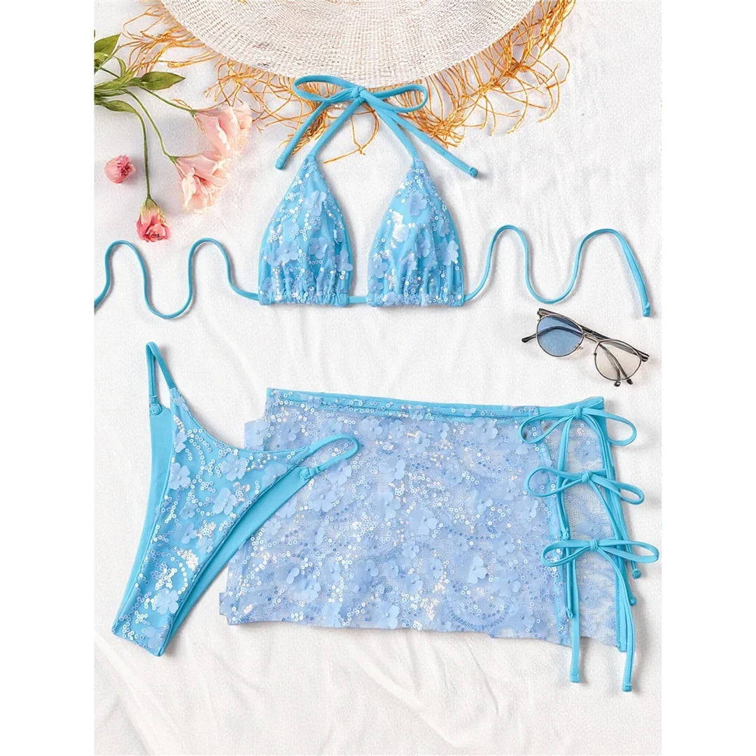 S - XL Three-pieces Bikini set With Skirt Flowers Sequins Bikini Female Swimsuit Women Swimwear Bather Bathing Suit Swim V7864