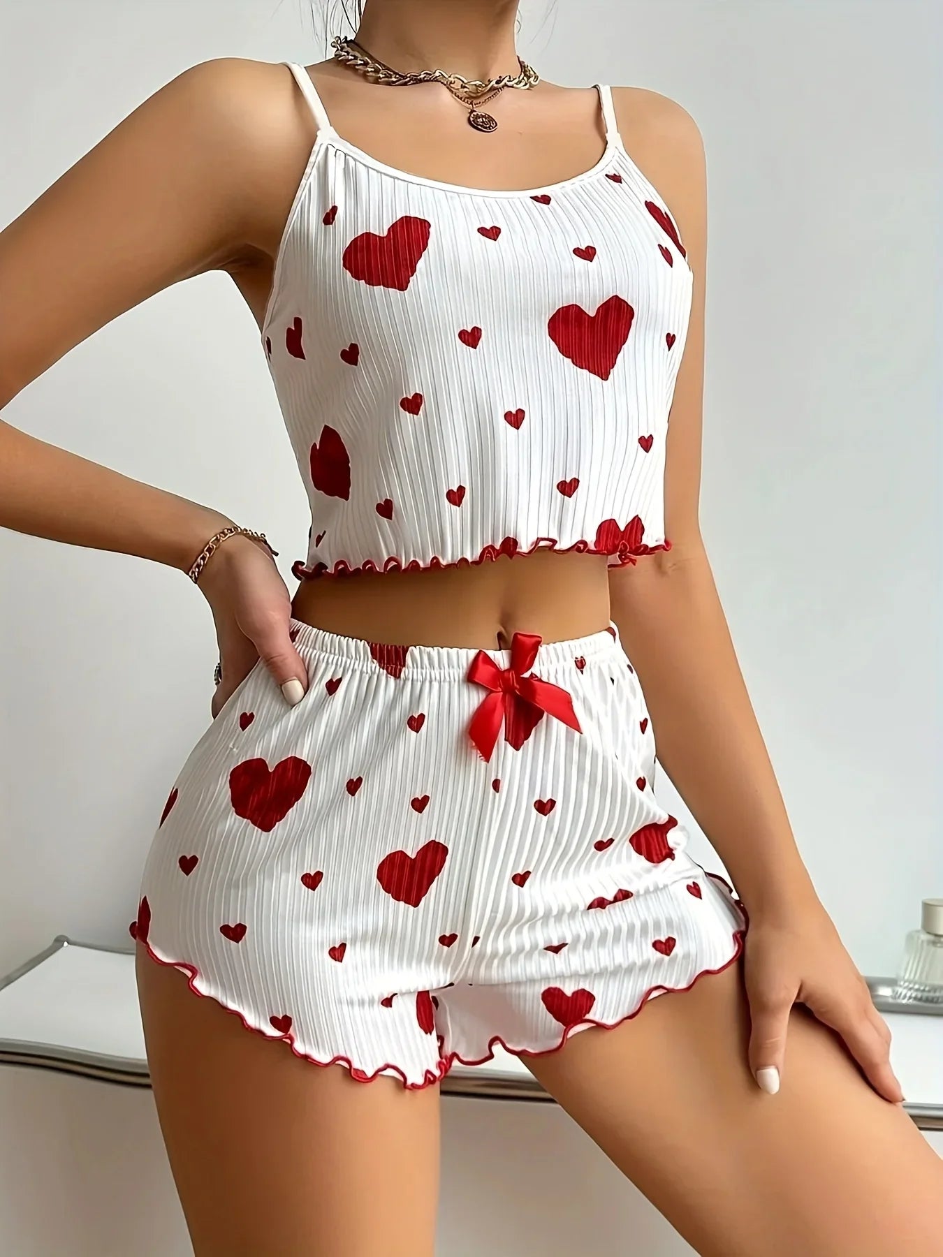Sweet Heart Print Pajama Set for Women Cute Sleeveless Cami Top and Ruffle Shorts Soft Ribbed Knit Loungewear Adorable Pjs