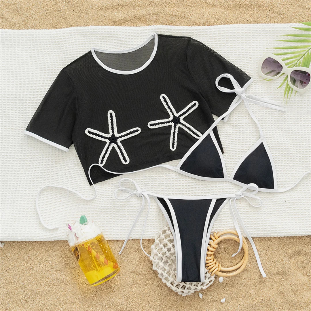 Sexy With Short Sleeve Cover Halter Bikini Female Swimsuit Women Swimwear Three-pieces Bikini set Bather Bathing Suit Swim K7371