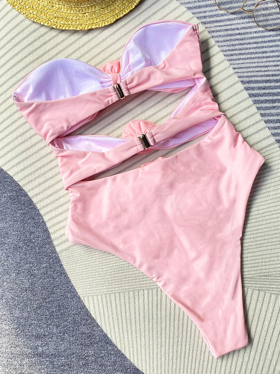 Sexy 3D Flowers Bandeau Monokini Hollow Out Female Swimwear One Piece Swimsuit Women High Cut Bathing Suit Swim Lady Beach wear