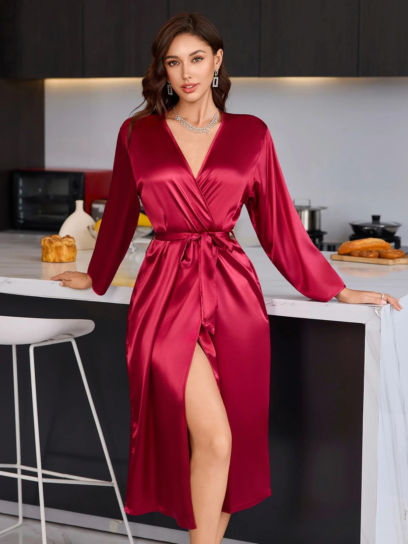 Women's Elegant Long Sleeve Robe V Neck Casual and comfortable bathrobe Solid Luxury Sleepwear For Home Relaxation