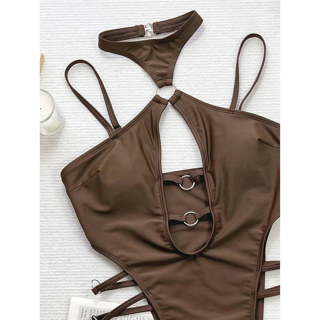 Cut Out Halter Mini Micro Thong High Leg Cut One Piece Swimsuit Women Swimwear Female Monokini Bather Bathing Suit Swim V5748